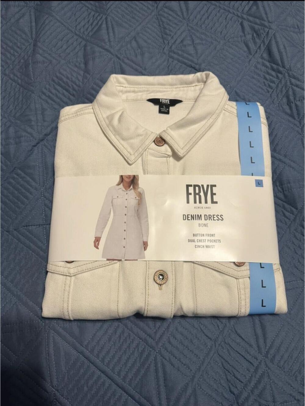 FRYE Bone Denim Dress with Button Front and Cinch Waist, L - Picture 2 of 3